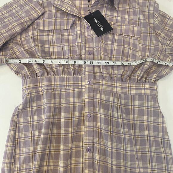 Pretty Little Thing Plaid Long Sleeve Button Down Lilac Shirt Dress NWT Sz 16 - Picture 8 of 15
